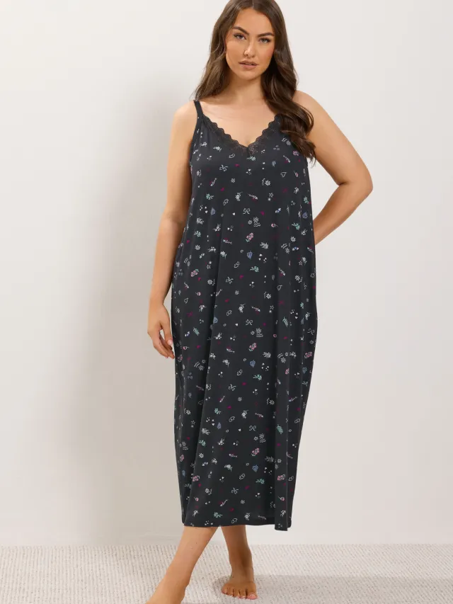 Yours Zwarte Zacht Aanvoelende Chemise Met Kleine Bloemenprint-44 Black