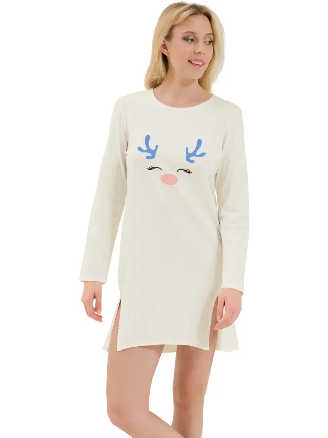 Lisca Holiday Cheek nachthemd lange mouwen wit