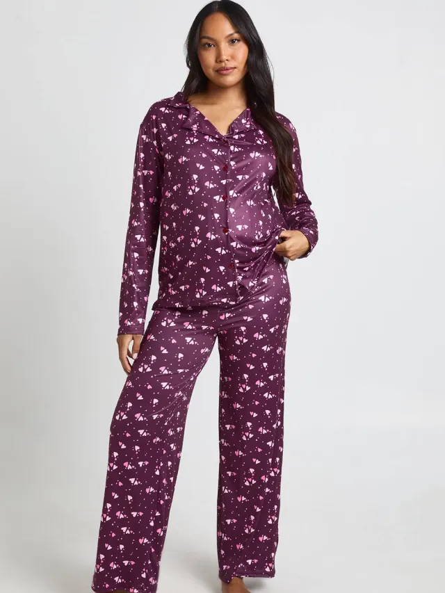 boohoo Dames Zwangerschaps Pyjama Set Met Hartjesprint Shirt Met Lange Mouwen & Broek Bordeaux Rood