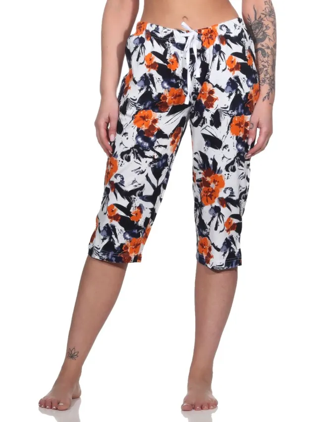 Normann Dames Capri pyjamabroek ¾ lengte - Mix & Match in bloemenlook - ideaal om te combineren oranje