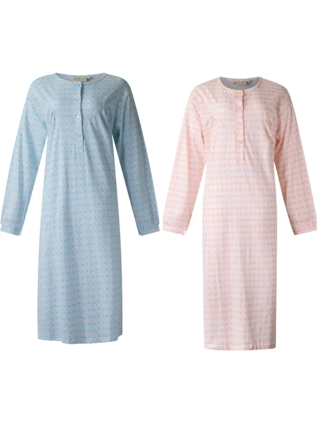 Lunatex 2 dames nachthemden 5027 lange mouw - nachtjapon van 100% katoen - blauw en peach met print