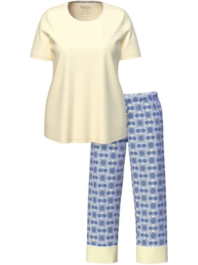 Ulla Popken Dames - Pyjama set van 3 grafisch patroon ronde hals korte mouwen - Bleekgeel - Maat 58+