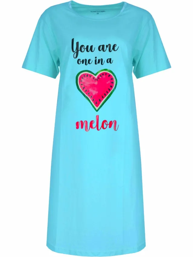 Temptation Dames Nachthemd - Bigshirt - Katoen - Turquoise blauw