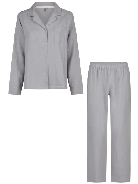 By Louise Dames pyjama set lang mousseline met knoopjes grijs/blauw Veelkleurig