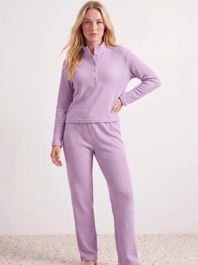 Trendyol TRENDYOLMİLLA Dames 2-pack Paars Effen Lang Loungewear Regular fit Pyjama- Sets Lila