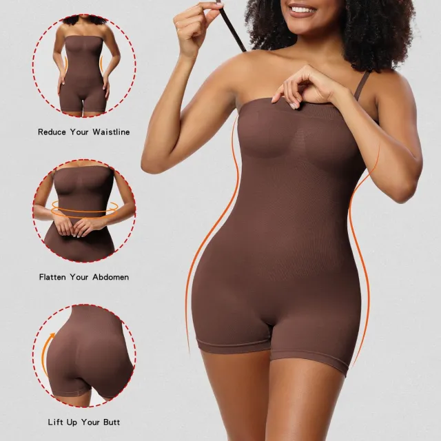 Wclavion Dames volledig vormend lichaamspak - bandeau shapewear - vierkantbroek model - inclusief schouderbanden-Bruin-S