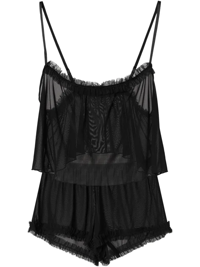 ESOTIQ Billie - Pyjamaset - Zwart - Korte top met verstelbare bandjes - Korte broek met tule ruches