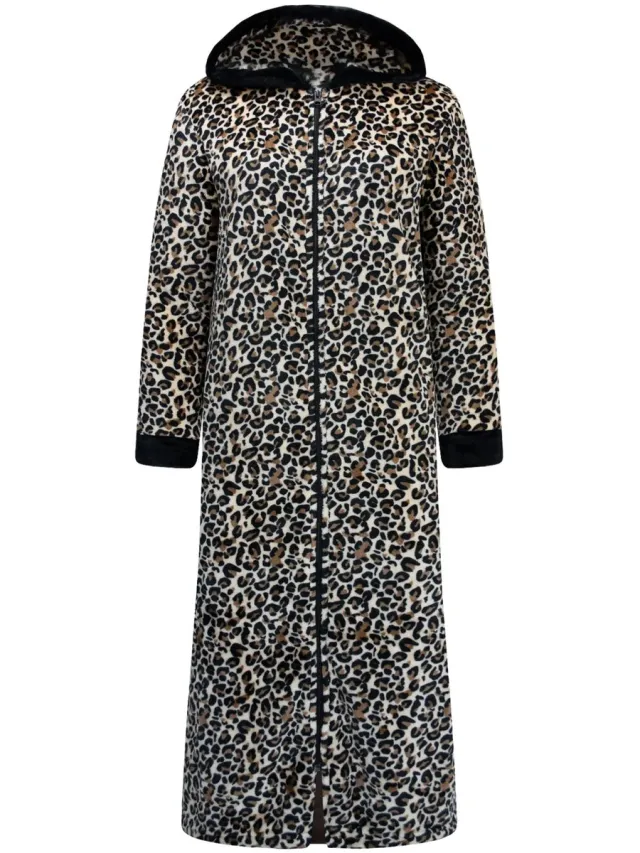 GAUBERT Gaubert Dames Extra Lange Fleece Badjas Met Rits – Beige Panterprint Bruin