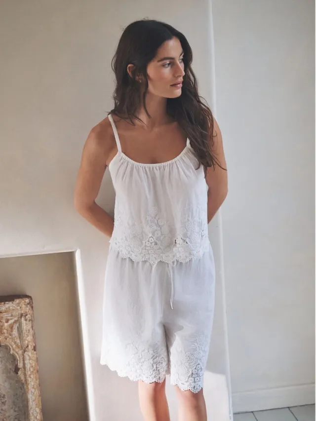 Next Dames - Katoenen jortpyjama met borduursel - Wit White