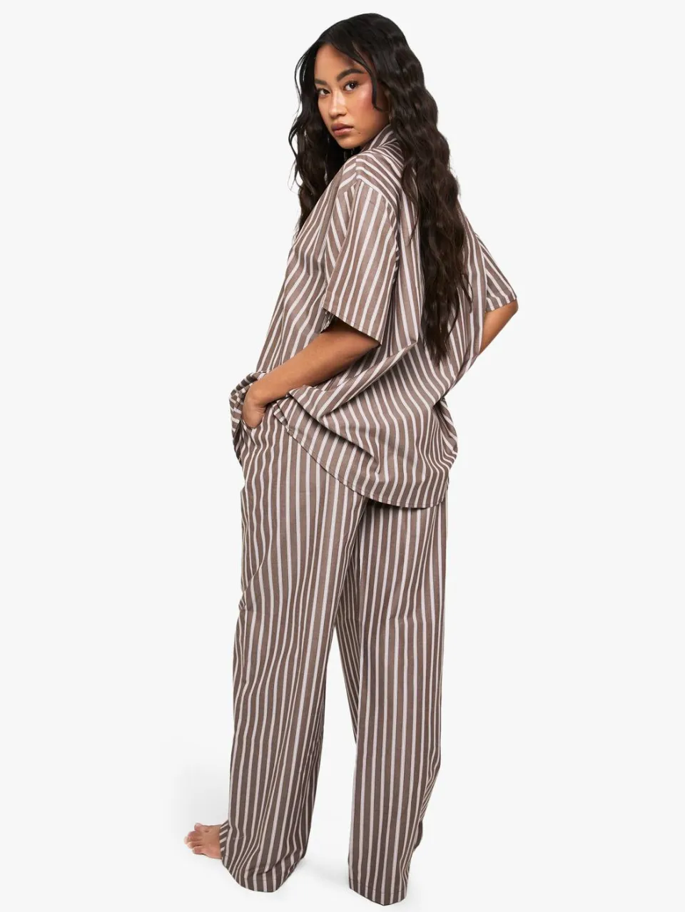 boohoo Dames Katoenen Tonale Gestreepte Pyjamabroek chocoladebruin, foto 2