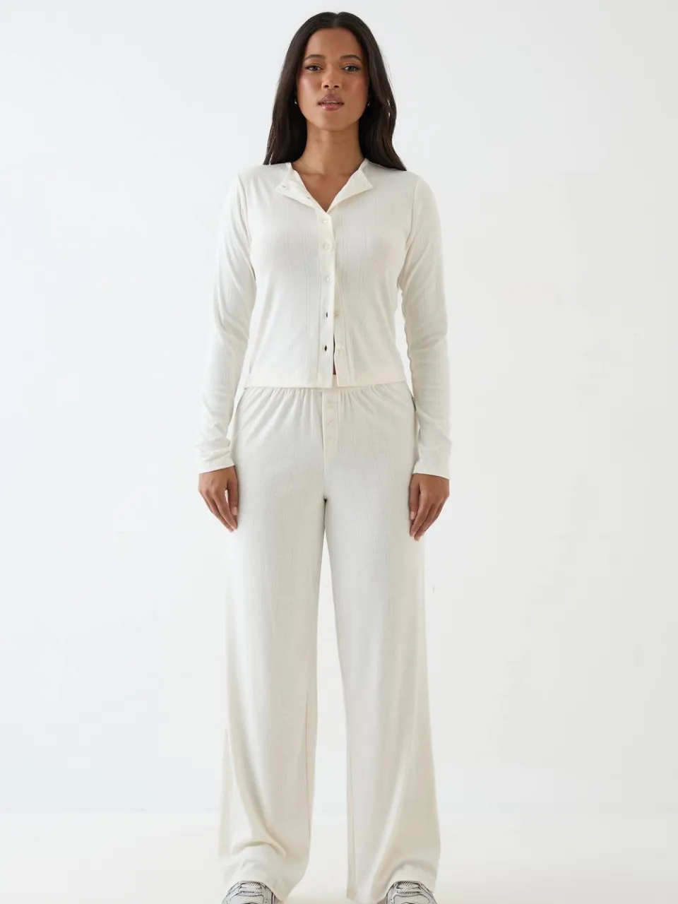 Dames Dsgn Studio Pointelle Top Met Knoopsluiting En Lange Mouwen crème, foto 2