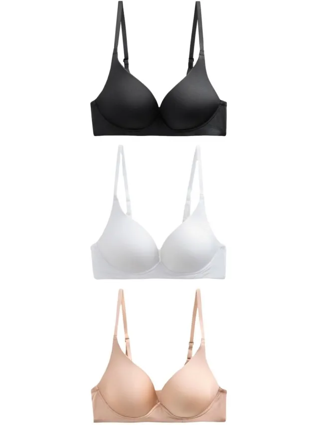 Next Dames - Set van 3 gladmakende A-E Ultimate Comfort T-shirt-bh’s, met vulling, zonder beugels - Huidkleur Black/White/Praline Nude