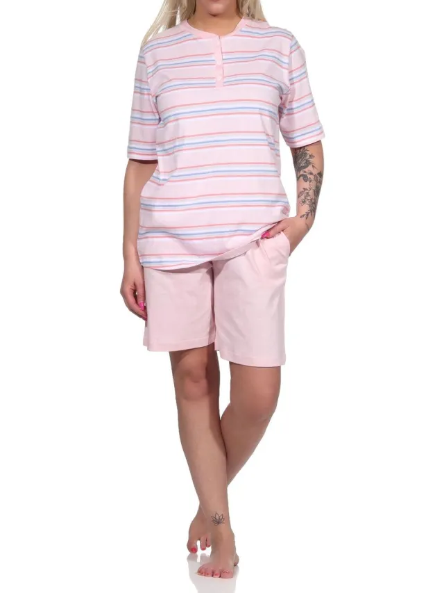Normann Dames shortypyjama met korte mouwen in pastelkleurige strepen - 122 205 90 863 rosa