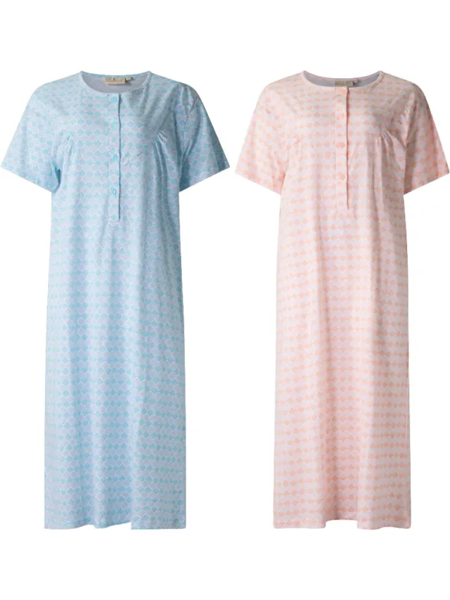 Lunatex 2 dames nachthemden 5026 korte mouw - nachtjapon van 100% katoen - blauw en peach met print