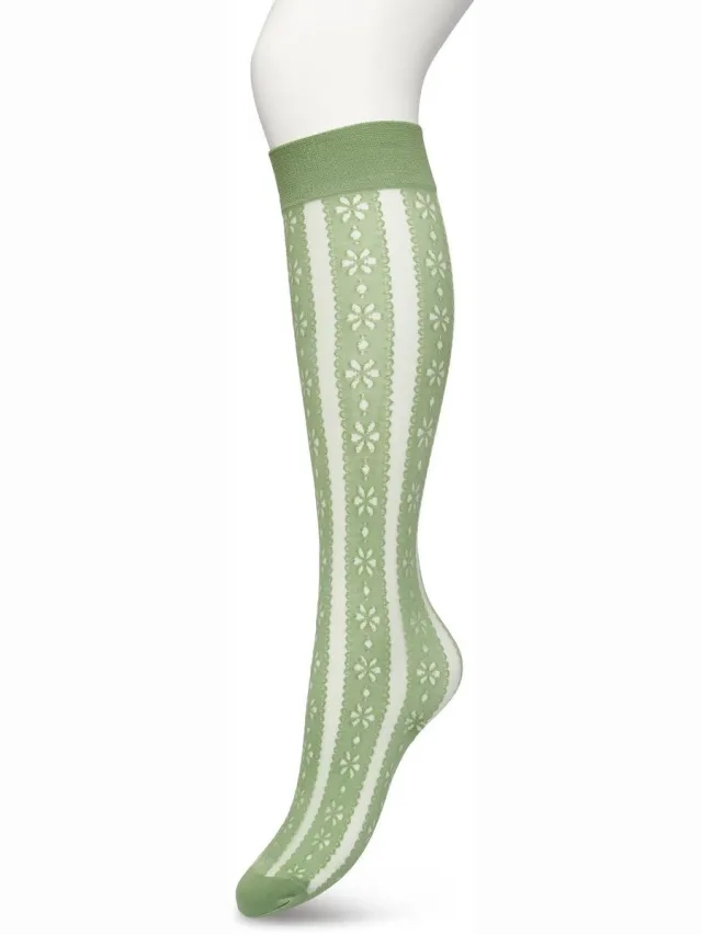 Bonnie Doon Dames Bloemen Panty Kniekousen Groen - Knie Kousen 50 denier - Gebloemd - Bloemen Print - Uitstekend draagcomfort - Flower Stripe Knee High - Kniesokken - Zakt niet af - OEKO-TEX - Loden Frost - BP221804.273