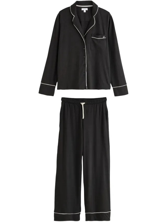 Next Dames - Pyjama met knopen en jerseystof - Zwart Black