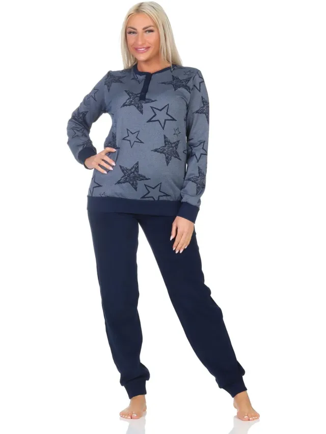 Normann dames badstof pyjama lange mouw met manchetten in hartjeslook - ook in oversize marine