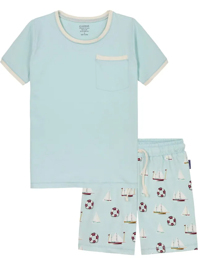 Claesen's Shortama - Boats - 95% Katoen - 5% Lycra Licht Blauw