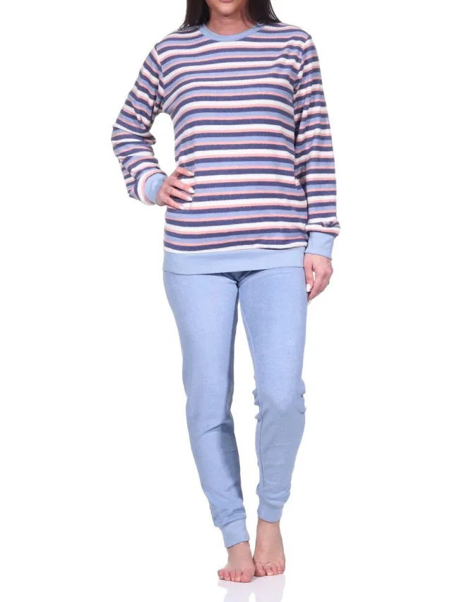 Normann Dames badstof pyjama lang, pyjama met boorden in een geweldige gestreepte look hellblau