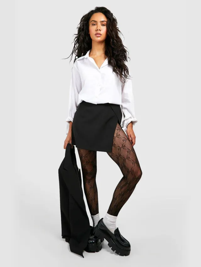 boohoo Dames Bow Printed Fishnet Tights zwart, foto 2