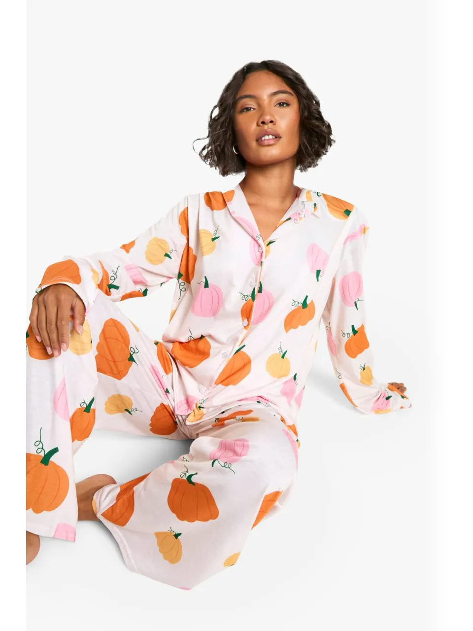 boohoo Dames Hoge Halloween Pompoenprint Lange Mouw Shirt & Broek Pyjama Set oranje, foto 3