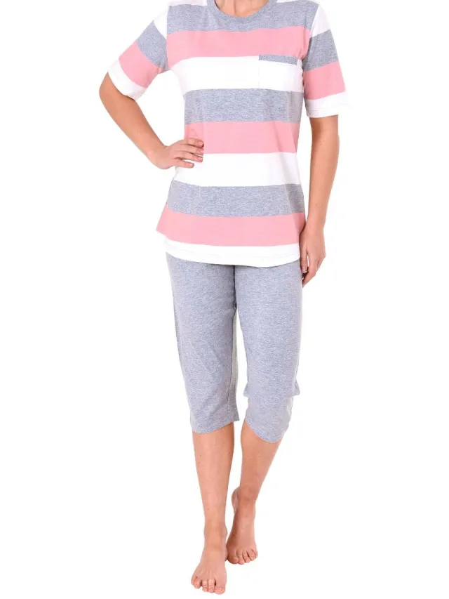 Normann Dames pyjama korte mouw met capri broek in grote blokstreep look - ook in overmaten rosa