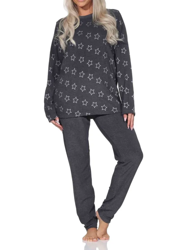 Normann badstof damespyjama lange mouwen sterrenlook - ook in grote maten anthrazit-mel.