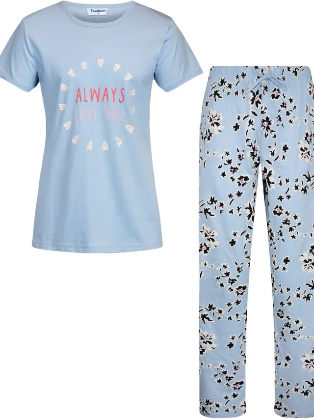 GAUBERT Essential Dames Pyjama Korte Mouw - Broek met Zakken - Premium Gekamd Katoen - Always Love You - Lichtblauw - GB-2807 Korte Mouw Pyjama, Lichtblauw, Always Love You