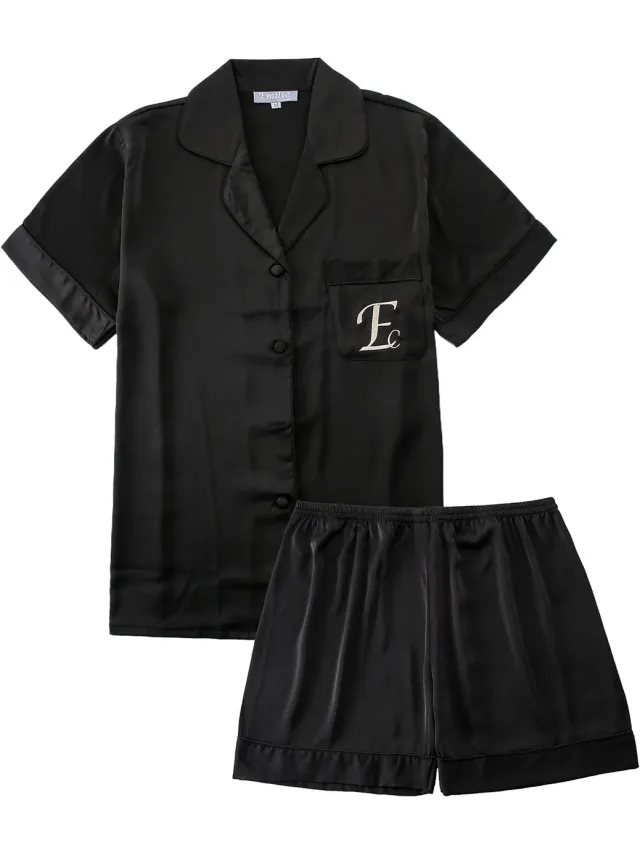 Emilie collection pyjamaset - zwart - satijn - dames shortama - pyjama kort