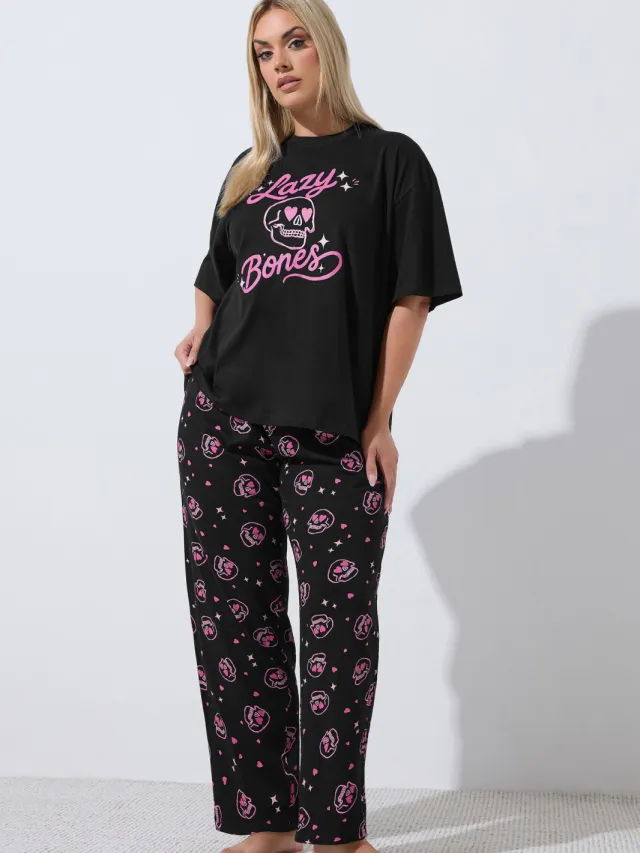 Limited Collection Zwarte 'Lazy Bones' Pyjamaset Met Schedel-42 Black