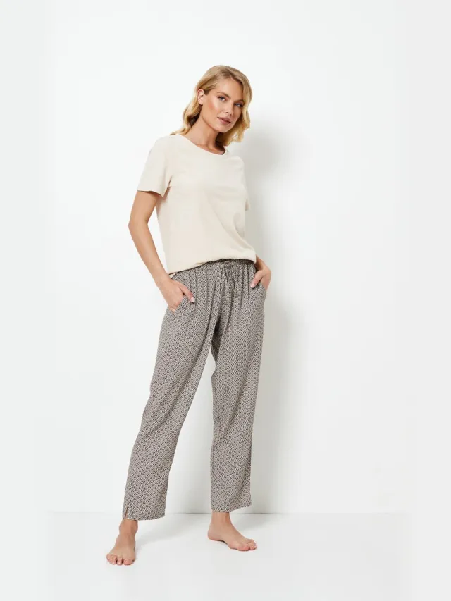 Aruelle Dames Pyjama Jade-Zachte Katoenen Top & Viscose Broek-Korte Mouwen-Strikband & Zijsplitten-Beige-Multicolor beige/multicolor