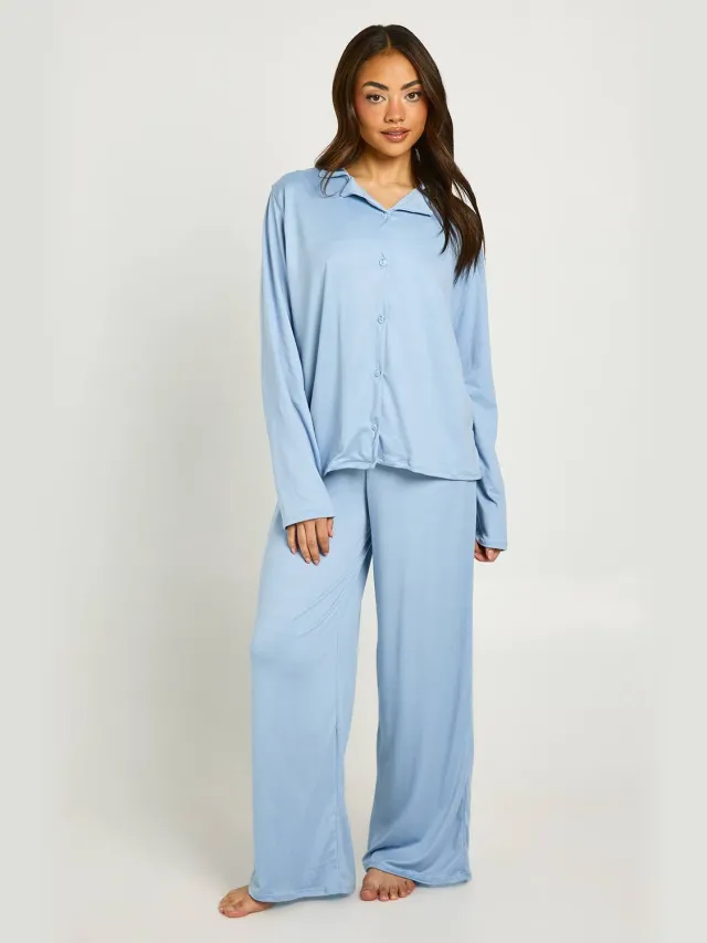 boohoo Dames Zachte Jersey Pyjama Set Met Shirt Met Lange Mouwen & Broek Babyblauw
