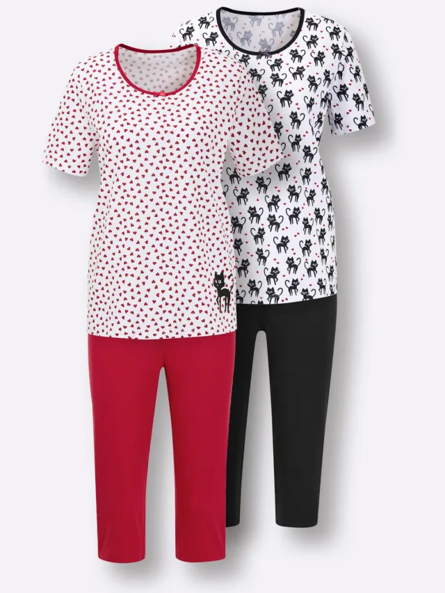 Capri-pyjama's wit/zwart bedrukt + wit/rood bedrukt