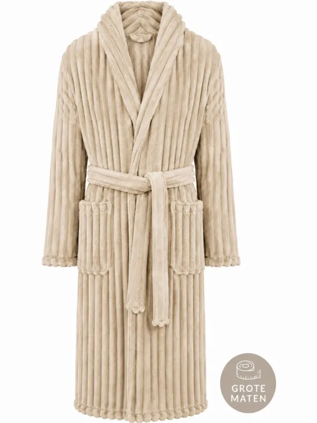 Relax Company Badjas plus size - ribcord fleece - grote maten badjas rib- fluweelzacht – luxe badjas heren - luxe badjas dames - beige beige ribcord