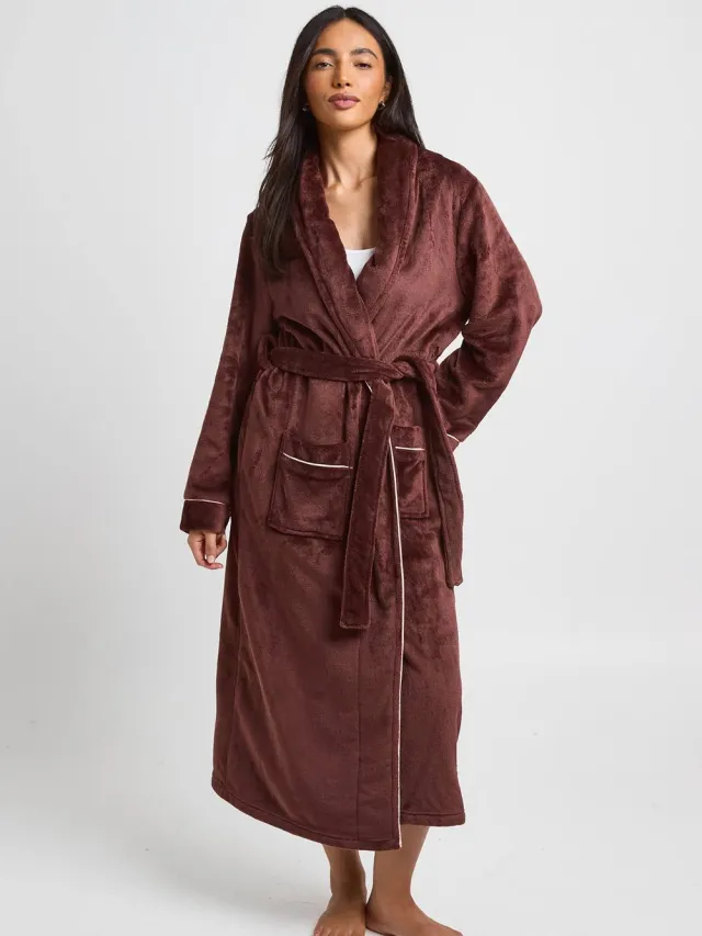 boohoo Dames Fleece Kamerjas Met Paspeldetail En Lange Lengte Chocoladebruin