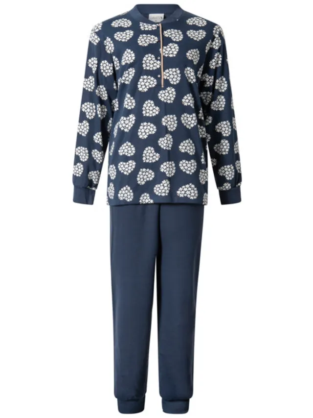 Lunatex dames pyjama lange mouwen - Hartjes - Donkerblauw /