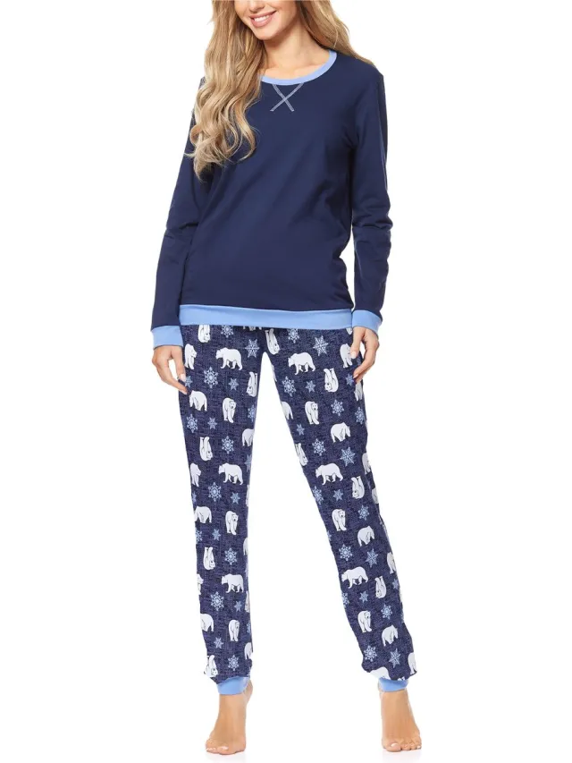 Merry Style MS-MS10-168-PJ Dames Pyjama - ronde hals - lange mouwen - lange broek met zakken - Katoen - Donkerblauwe/Beer-2