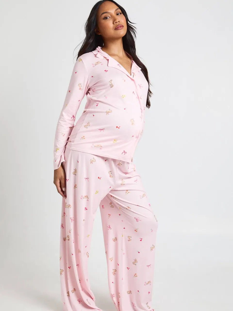 boohoo Dames Zwangerschaps Pyjama Set Met Konijntjes En Strikjes Print - Shirt Met Lange Mouwen & Broek roze, foto 3