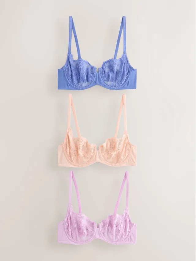 Next Dames - Set van 3 kanten balkonbeha's zonder vulling - Roze Mauve/Peach/Blue
