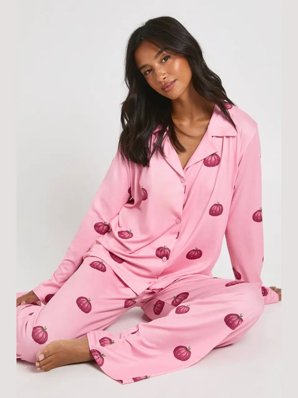boohoo Dames Petite Halloween Pompoenprint Lange Mouwen Shirt & Broek Pyjama Set roze, foto 2