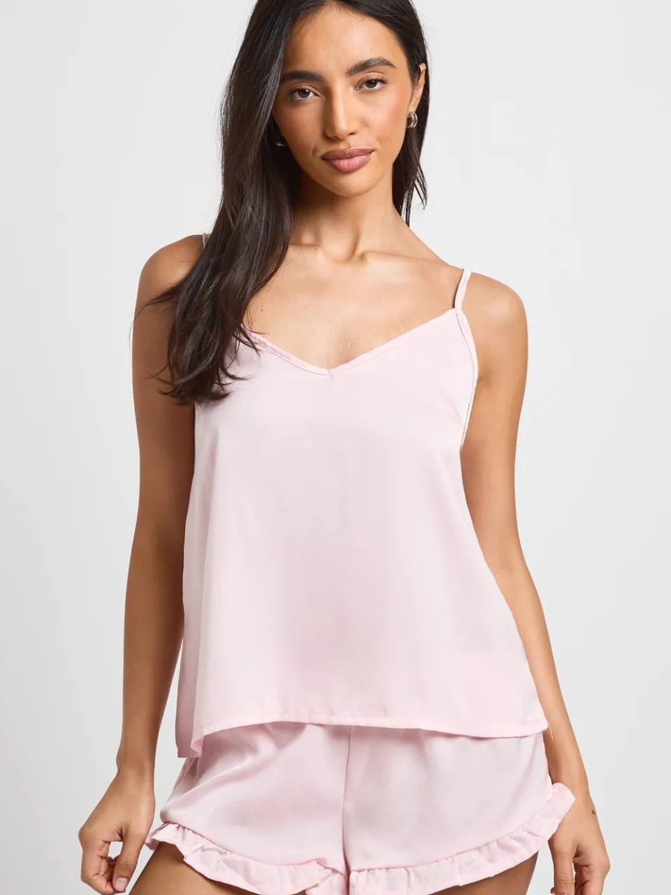 boohoo Dames Satijnen Cami & Pyjama Set Met Korte Broek Met Ruchedetail Lichtroze