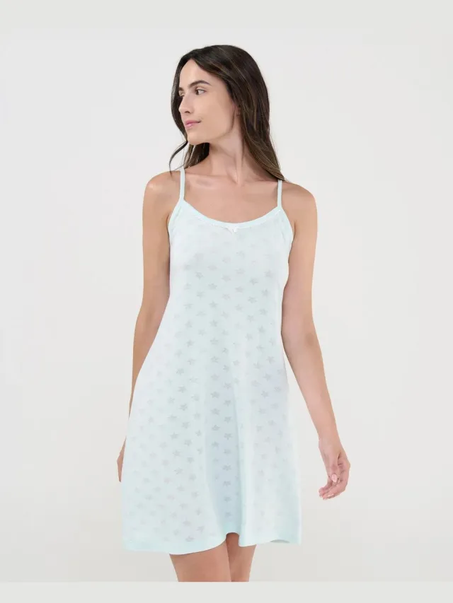 Lohe Dames Nachthemd in viscose met Spaghettibandjes – Sterrenprint – Lichtgroen – Zacht & Comfortabel muntgroen