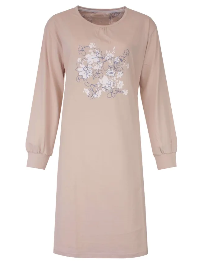 Tenderness Dames Nachthemd - Katoen - Bloemen Print - Lange Mouwen - Beige
