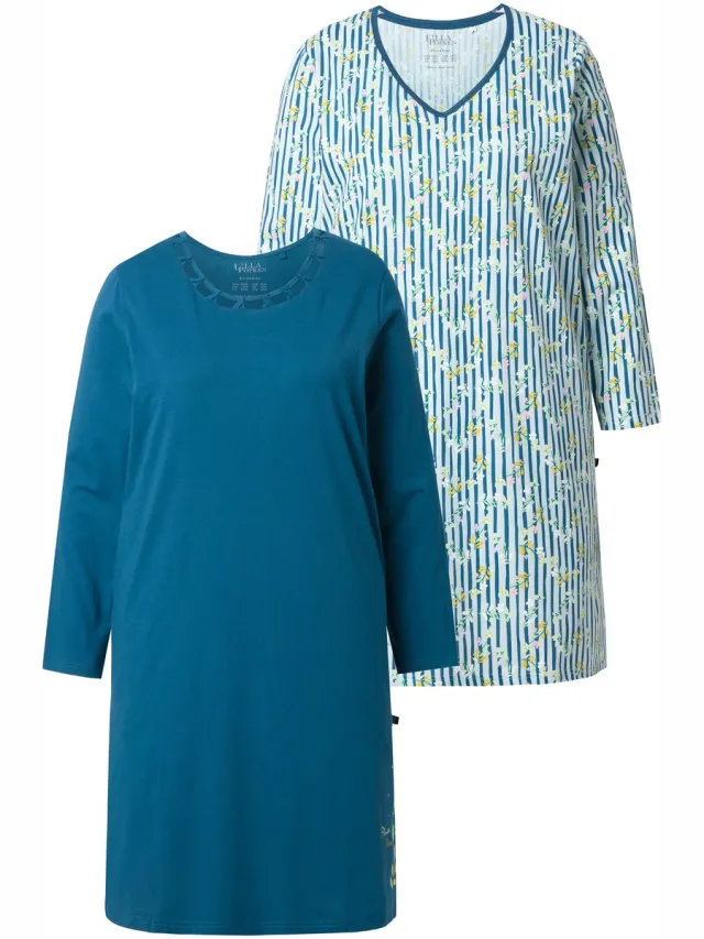 Ulla Popken Dames - Bigshirts set van 2 ronde hals / hartvormige hals - Petrol - Maat 46+