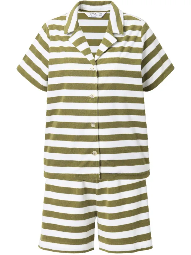 Studio Untold Studio Untold - Dames - Pyjama korte tweedelige set oversized badstof strepen - Moezelgroen - Maat 50+