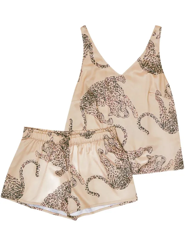 ESOTIQ Lovable - Damespyjamaset - Dierenprint - V-hals Beige
