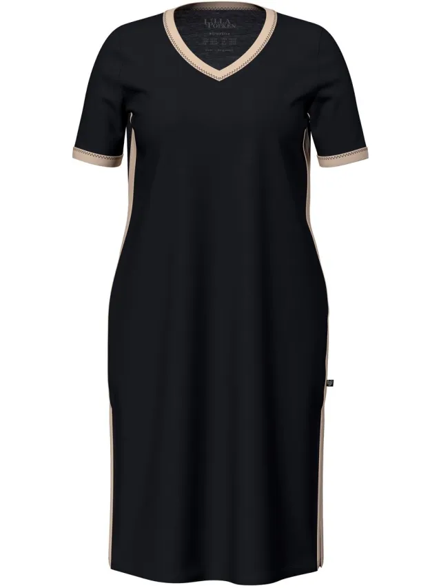 Ulla Popken Dames - Nachthemd strepen decoratieve versiering V-hals korte mouw - Zwart - Maat 42+
