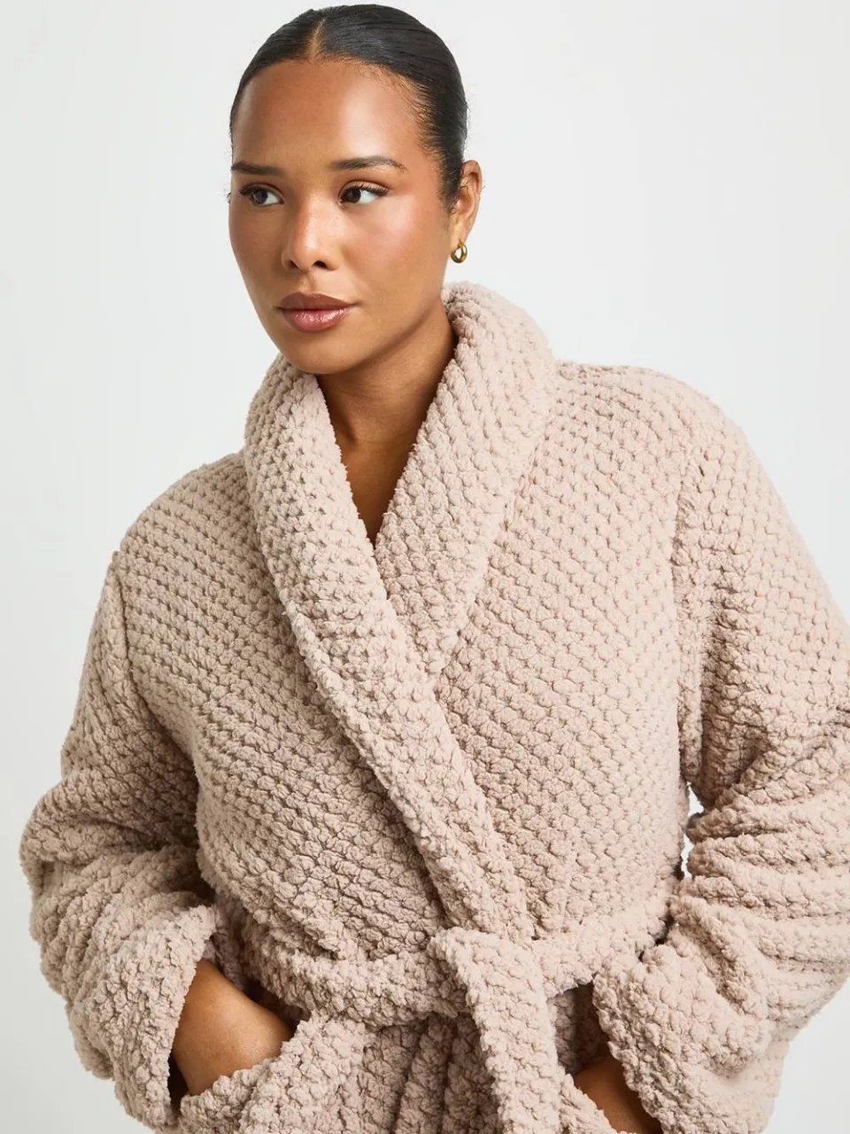 boohoo Dames Plus Wafel Fleece Lange Badjas beige, foto 3