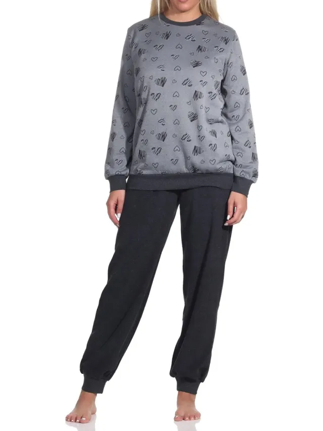 Normann Dames badstof pyjama met manchetten Pyjama in grote hartjes look - ook in overmaten anthrazit-melange