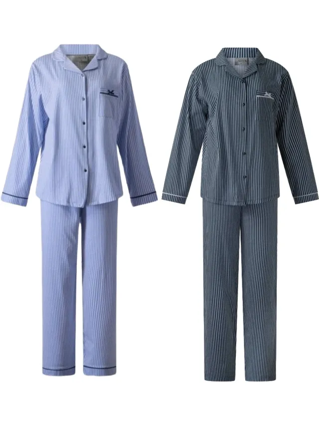 Lunatex 2 dames pyjama's met doorknoop - 100% katoen - licht- en donkerblauw